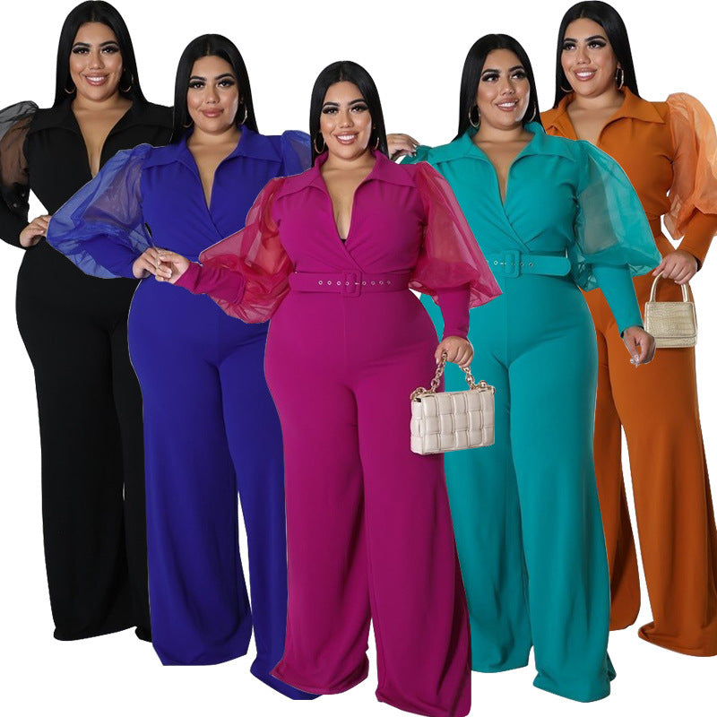 Plus Size Women Color Contrast Collar Jumpsuits