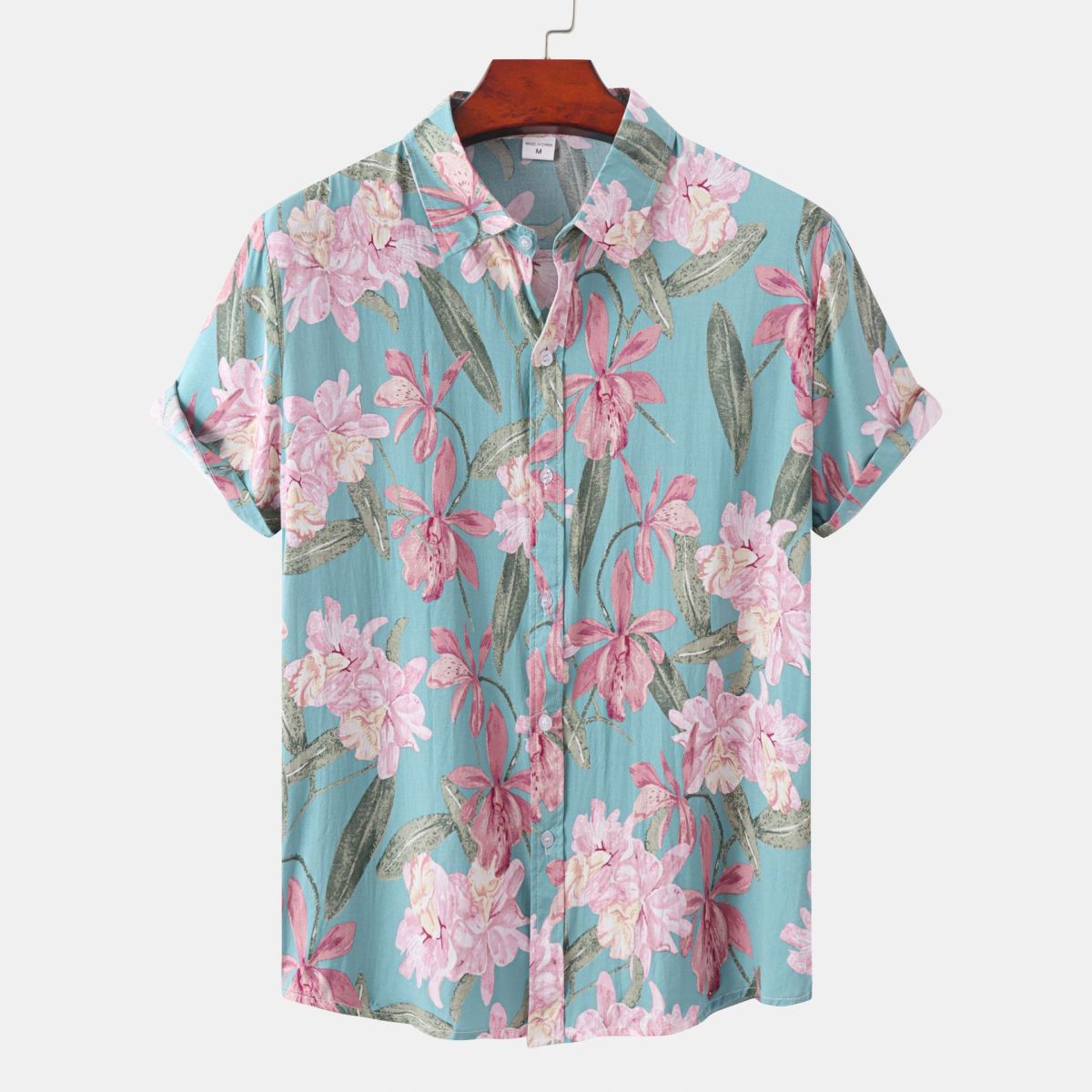 Camisa informal de verano con estampado de flores pequeñas para hombre