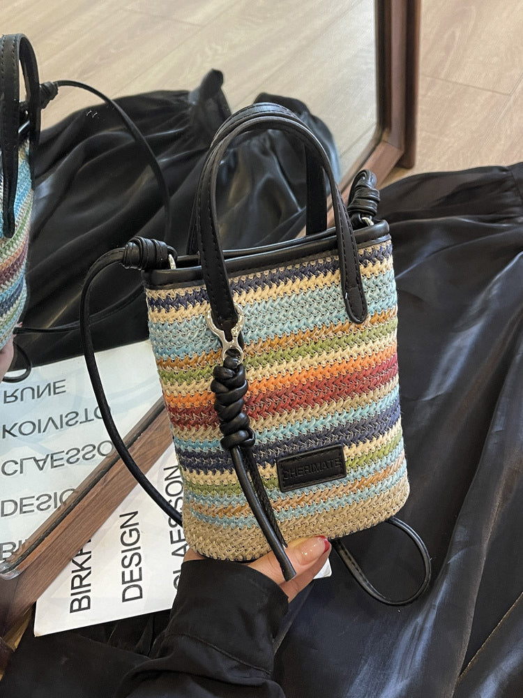 Sac en paille tissé de couleur contrastée pour femme