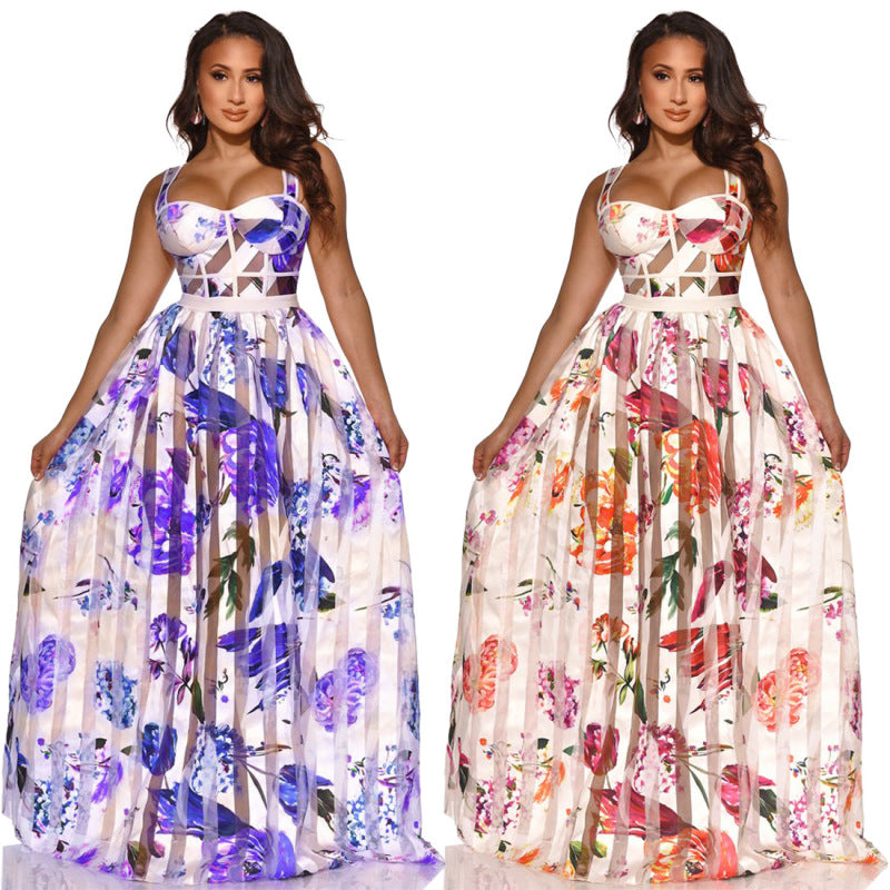 Robe longue d'été bohème élégante sans manches en maille florale pour femme