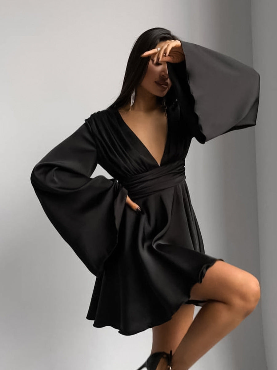 Women Fashion Sexy Deep V Acetic Satin Flare Sleeve Dress