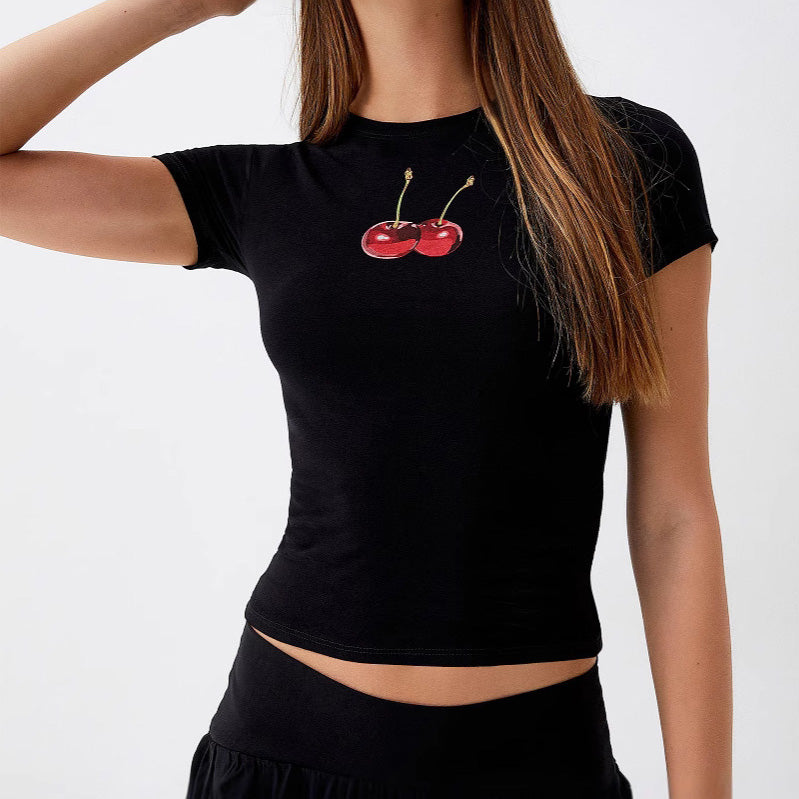 Camiseta informal de manga corta con cuello redondo y estampado de cerezas para mujer - Poliéster y elastano