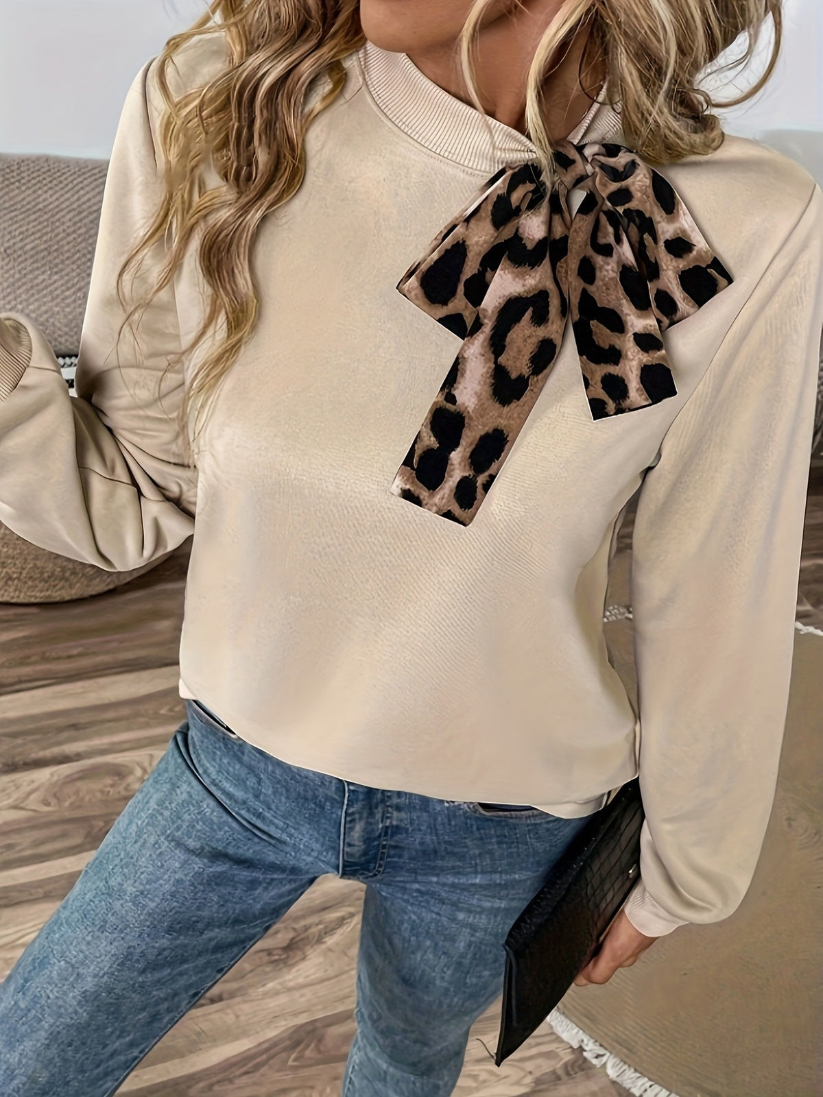 Autumn And Winter Leopard Ribbon Lace-Up Women's Top
