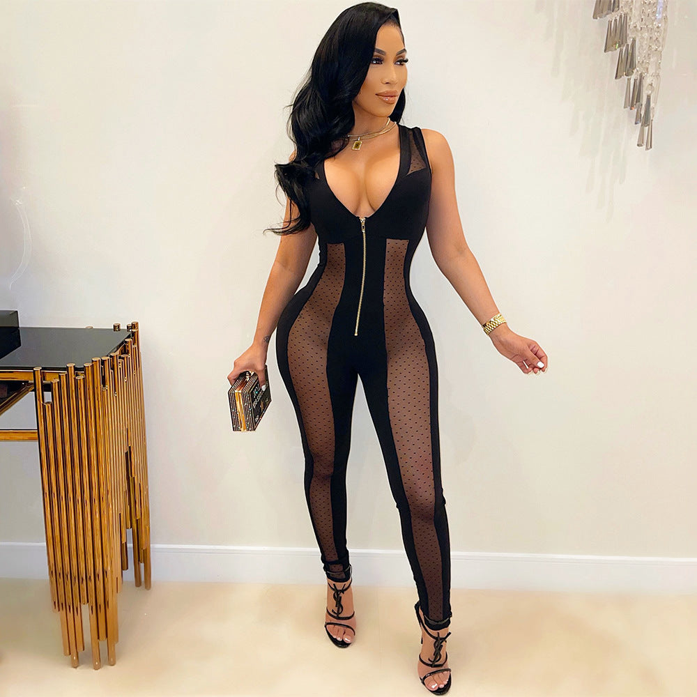 Women Sexy Mesh Stitching Zipper Jumpsuits with Polyester and Spandex