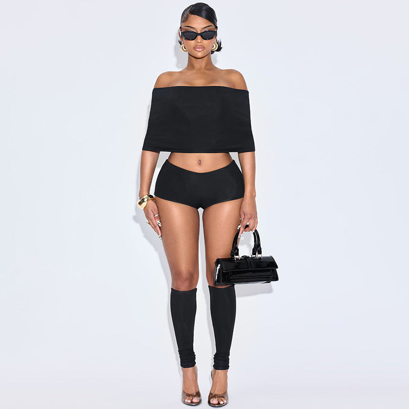 Conjunto de tres piezas para mujer, sexy, con hombros descubiertos, solapa, pantalones cortos y calcetines de pantorrilla