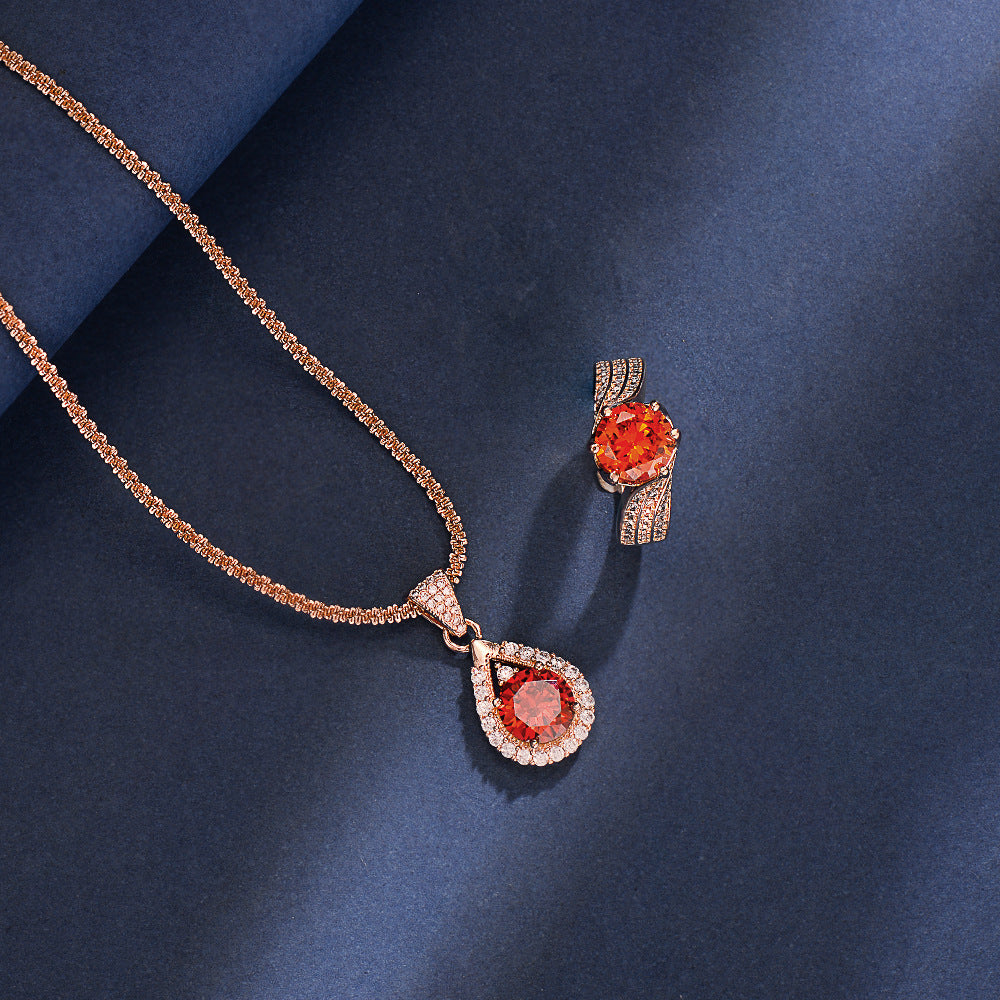Women Fashion Elegant Garnet Red Zircon Ring Necklace Set