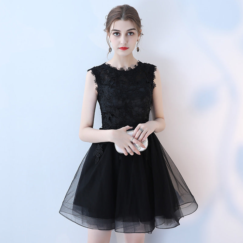 Women Banquet Evening Dress Short Lace Mesh Princess Black Party Cocktail Dress