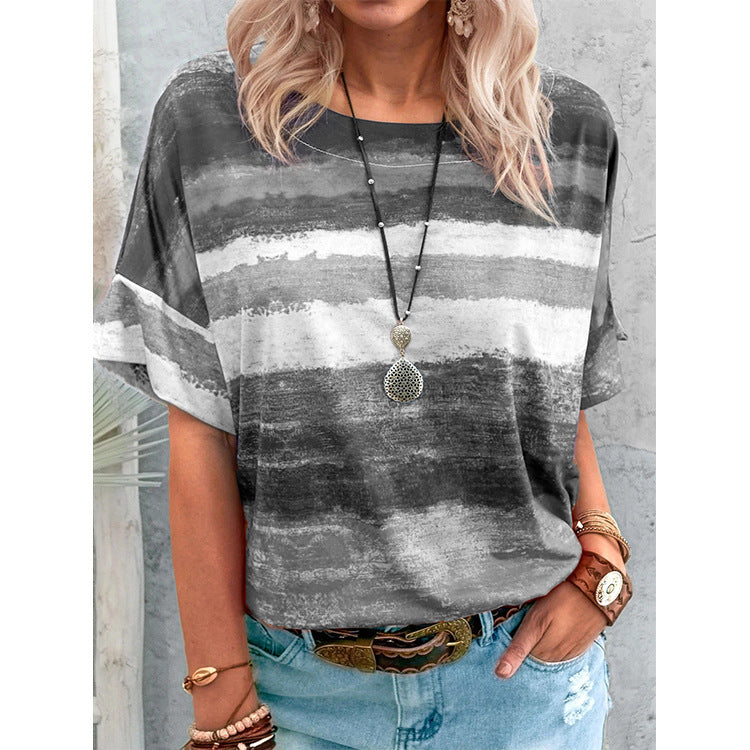 Camiseta informal de manga corta con estampado multicolor de mezcla de algodón para mujer