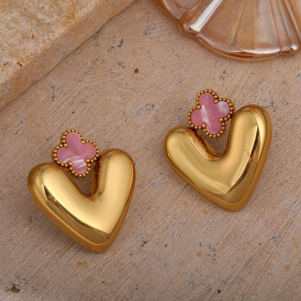 Personalized Heart-Shaped Four-Leaf Clover Earrings Stainless Steel Fashion OL