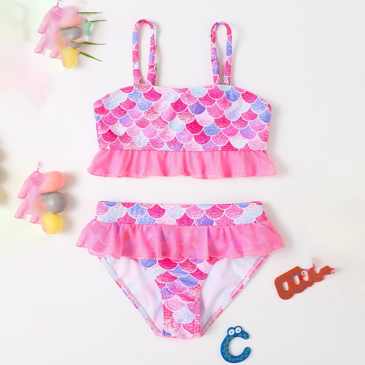 Conjunto de baño de dos piezas con top y pantalones cortos con volantes y estampado de sirena para niña