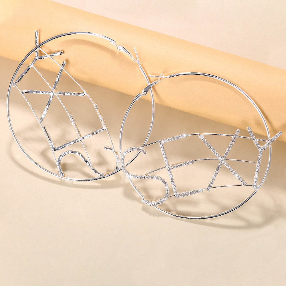 Women Fashion Geometric Letter Zircon Large Circle Earrings
