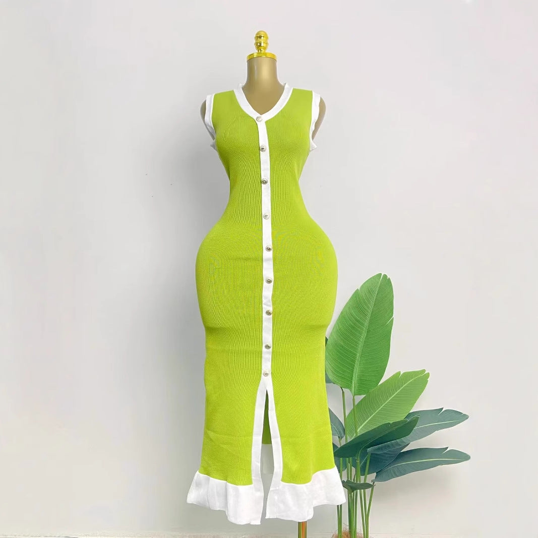 Women Casual Contrast Color Knitted V-Neck Dress