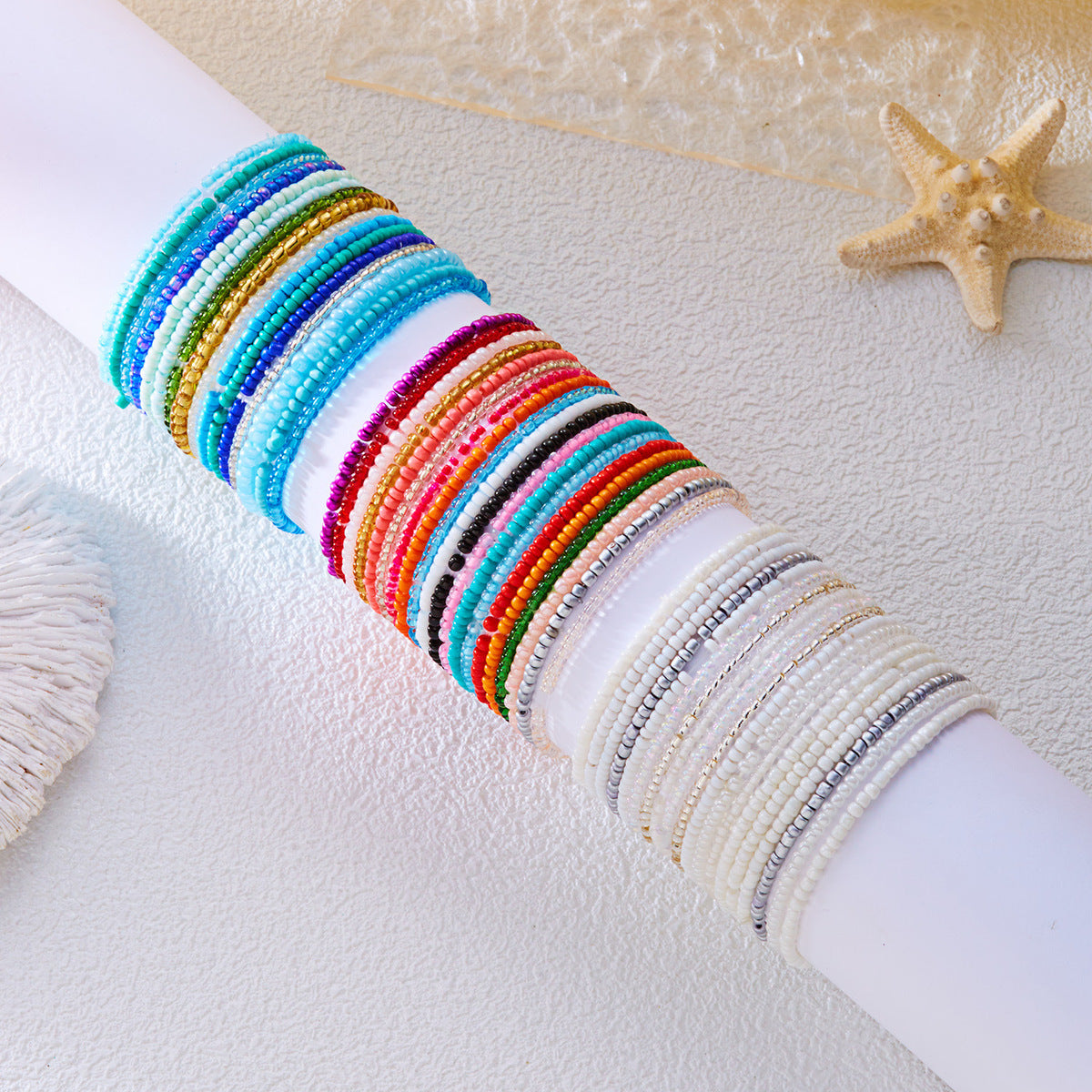 Women Fashion Boho Beach Contrast Bead Multi-Layer Stacked Bracelet