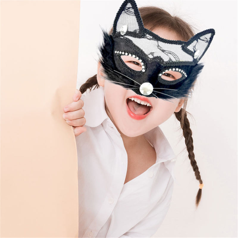 Halloween Lace Animal Cat Diamond Half Face Mask