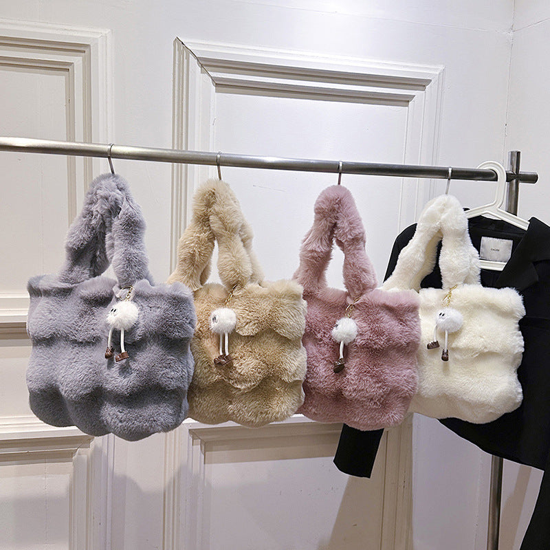 Women Fashion Casual Solid Color Plush Tote Bag