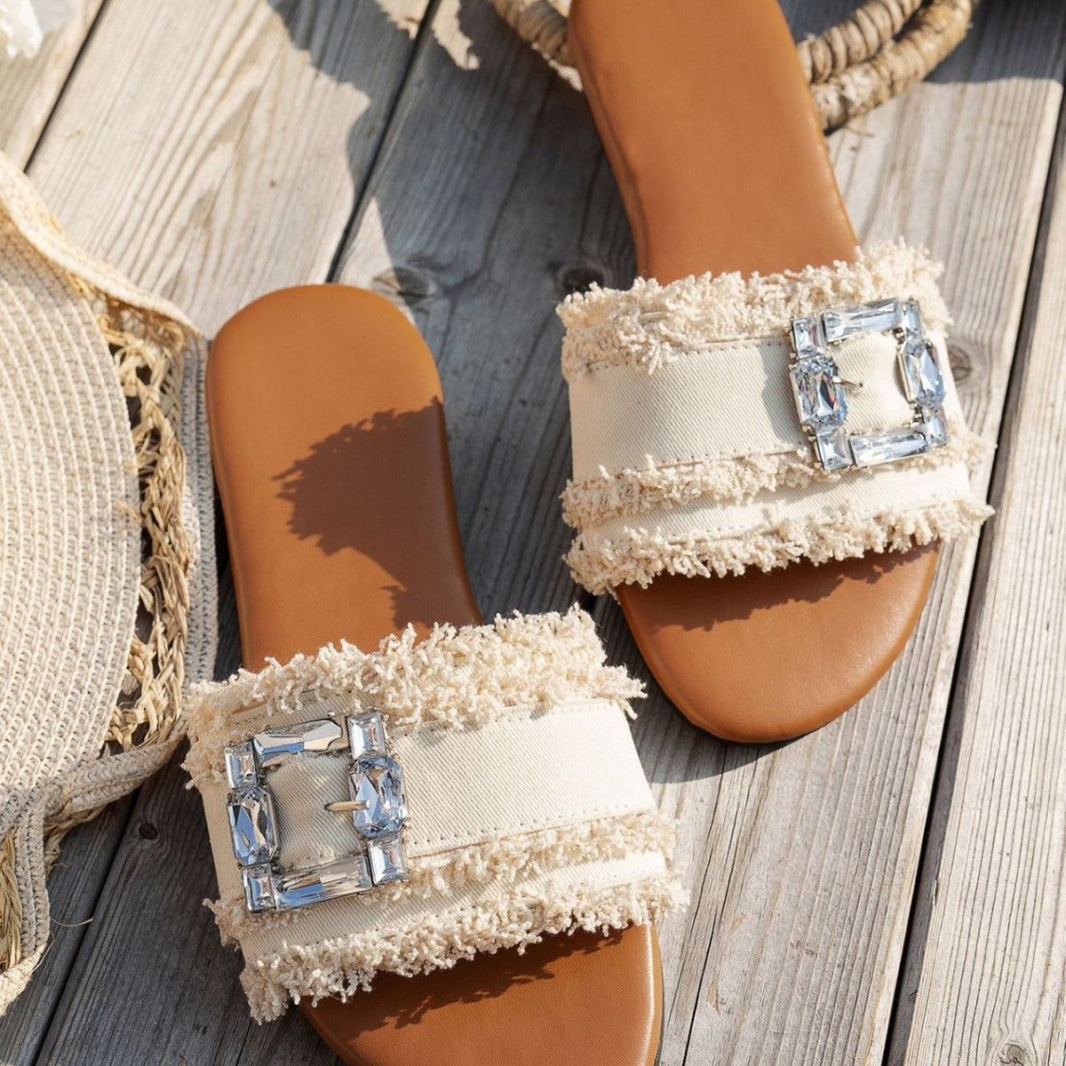 Pantuflas planas informales con hebilla cuadrada y diamantes de imitación para mujer
