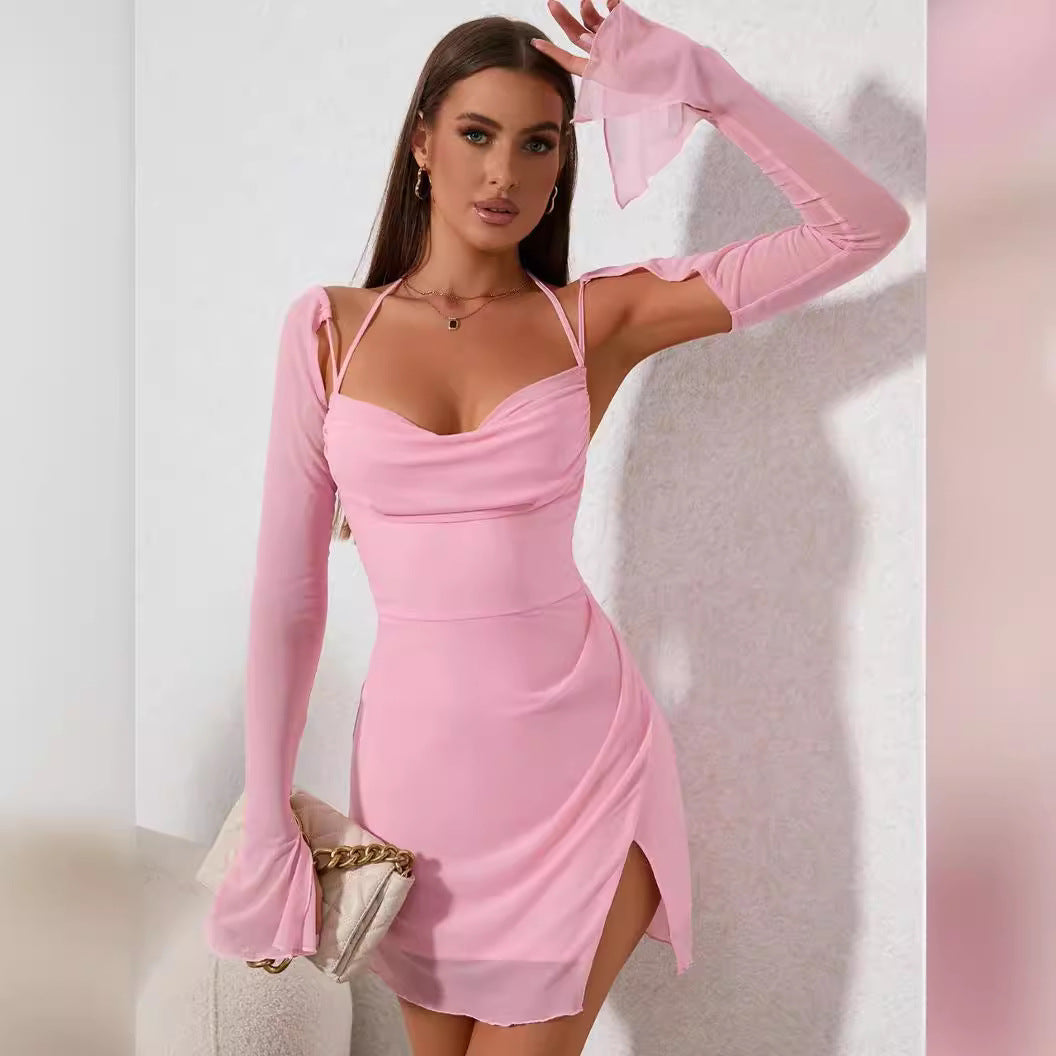 Robe sexy à lacets et col en V pour femme avec fente