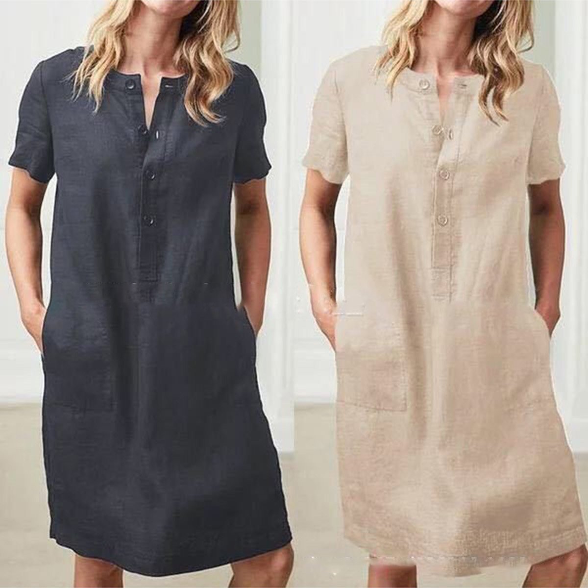 Vestido informal holgado de manga corta de algodón y lino