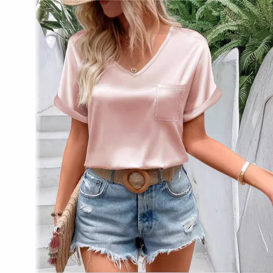T-shirt ample à manches courtes et col en V en satin pour femme