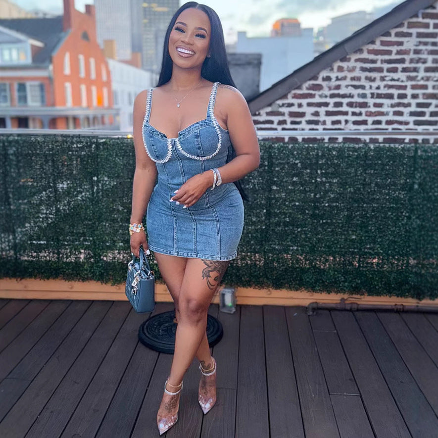 Women Fashion Sexy Rhinestone Spaghetti Strap Denim Dress