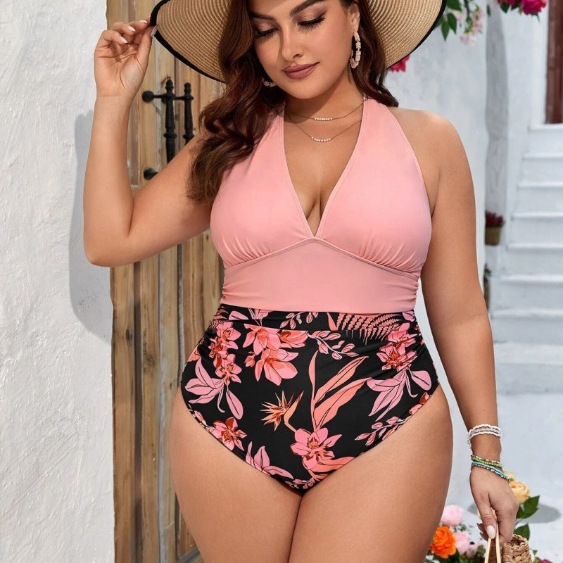 Traje de baño de una pieza con estampado floral de talla grande para mujer