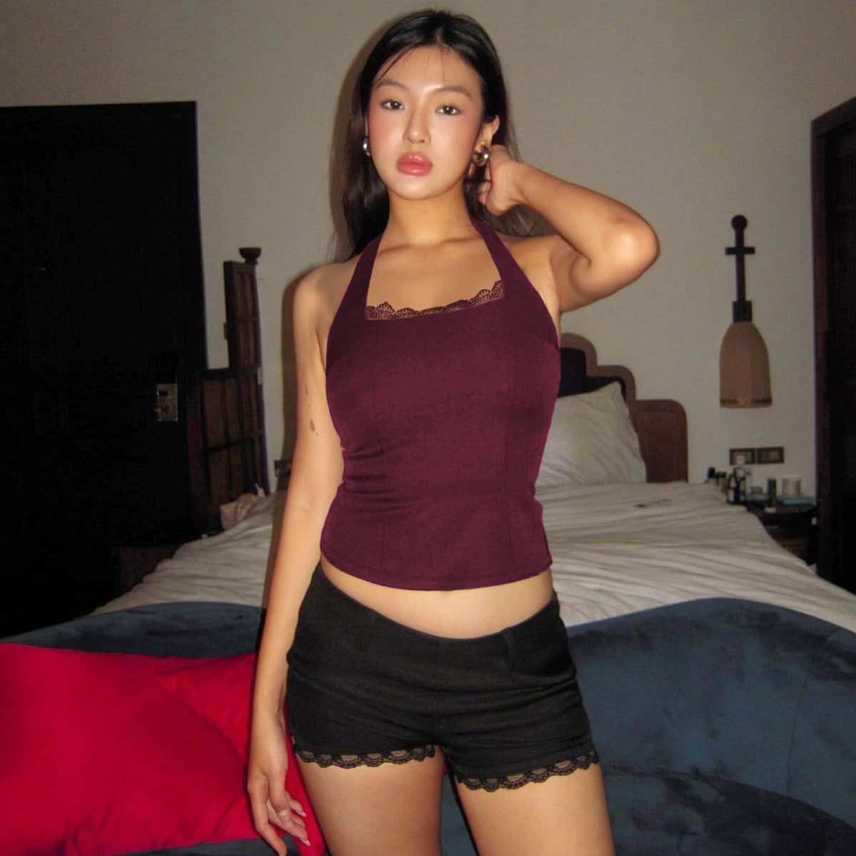 Women Fashion Sexy Halter-Neck Backless Lace-Up Crop Top