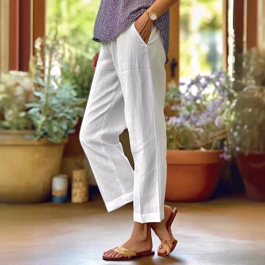 Pantalones casuales de lino y algodón de color liso a la moda para mujer