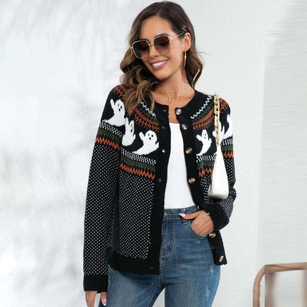Cardigan à manches longues pour femme, motif fantôme amusant, dessin animé, Halloween