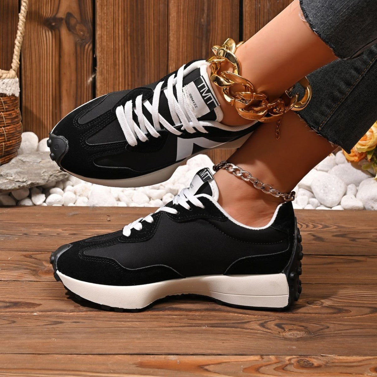 Zapatillas deportivas informales de suela gruesa con contraste de color para mujer