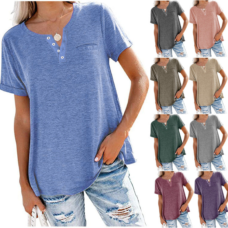 Camiseta informal holgada de verano para mujer, color liso, con cuello en V