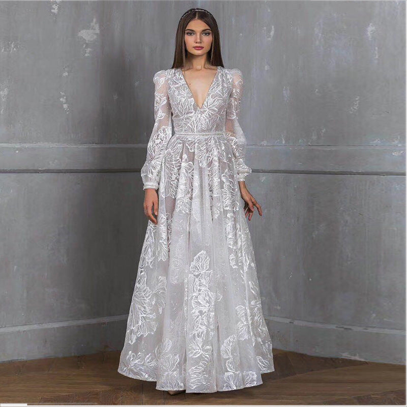 Vestido elegante con cuello en V y encaje bordado con cuentas para mujer