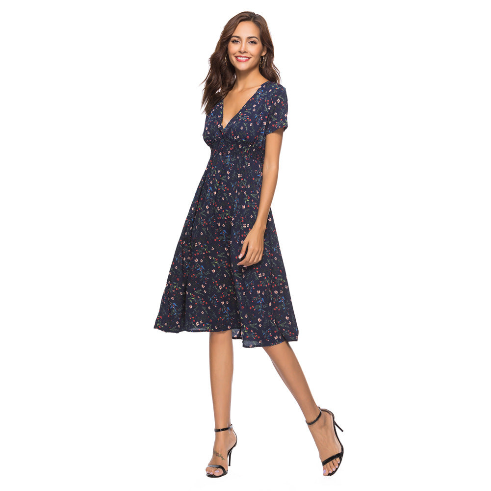 Women Fashion Casual Chiffon Floral Printed Dress