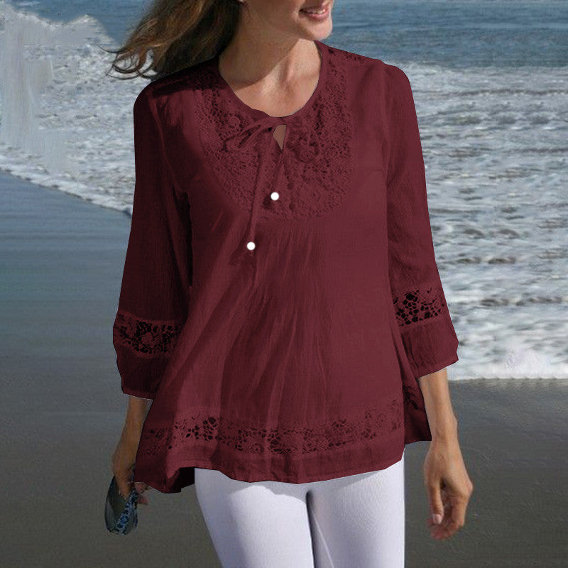 Blusa informal de lino y algodón de color liso para mujer