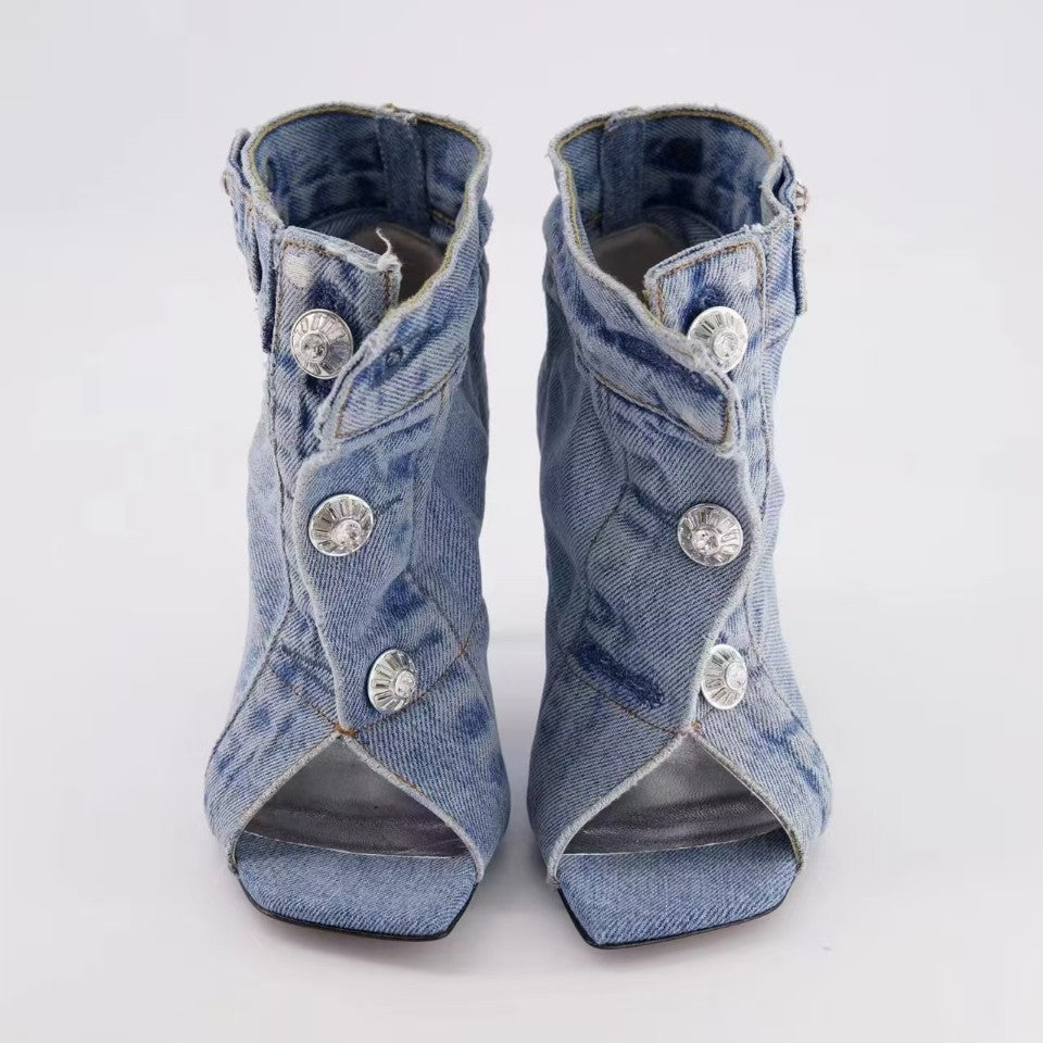 Zapatos casuales de mezclilla con punta cuadrada y tacón grueso para mujer
