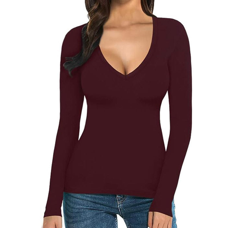 Women Casual Long-Sleeve V-Neck Polyester T-Shirt