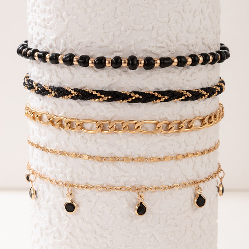 Boho Rope Woven Tassel Beads Anklet Set