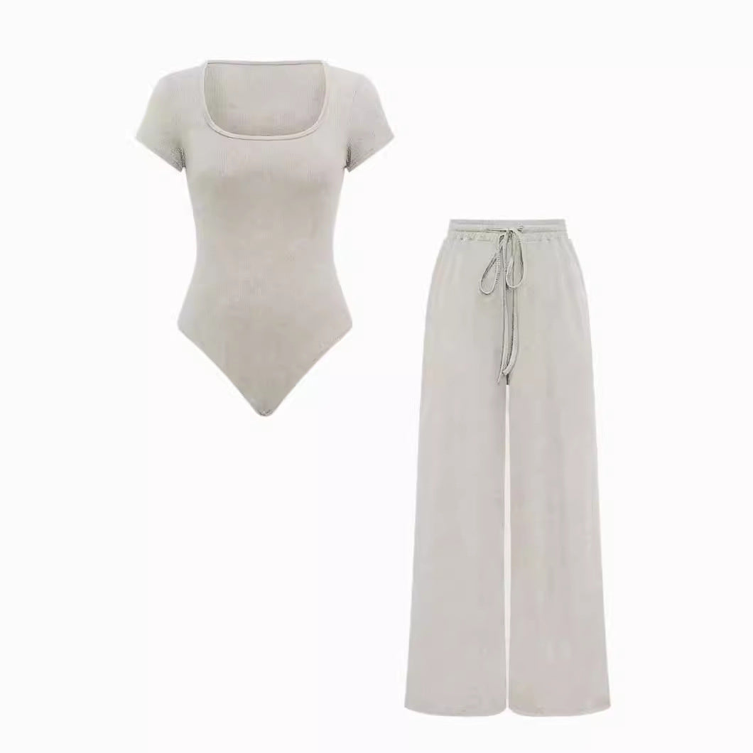 Ensemble pantalon et body côtelé de couleur unie pour femme