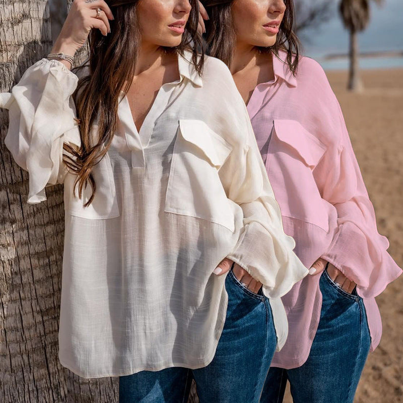 Blusa informal de manga larga con cuello en V para mujer
