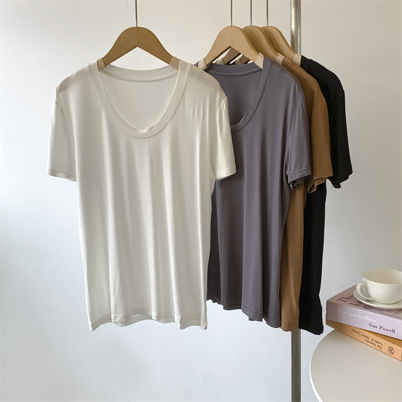 Summer Women Casual Solid Color U-Neck Blank T-Shirt