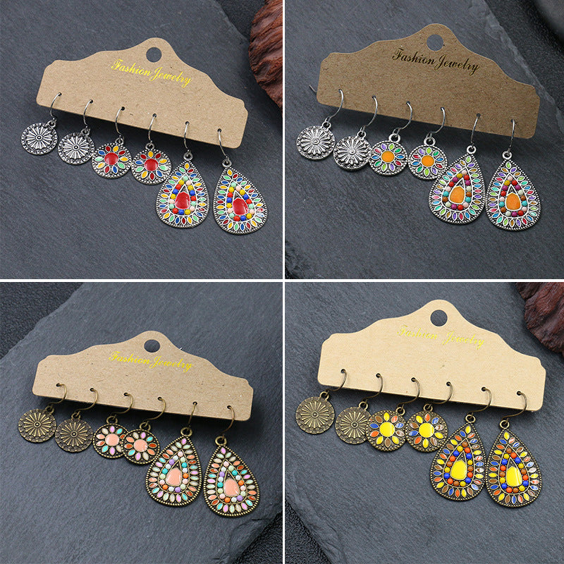 Conjunto de pendientes de aleación con forma de gota de aceite estilo bohemio