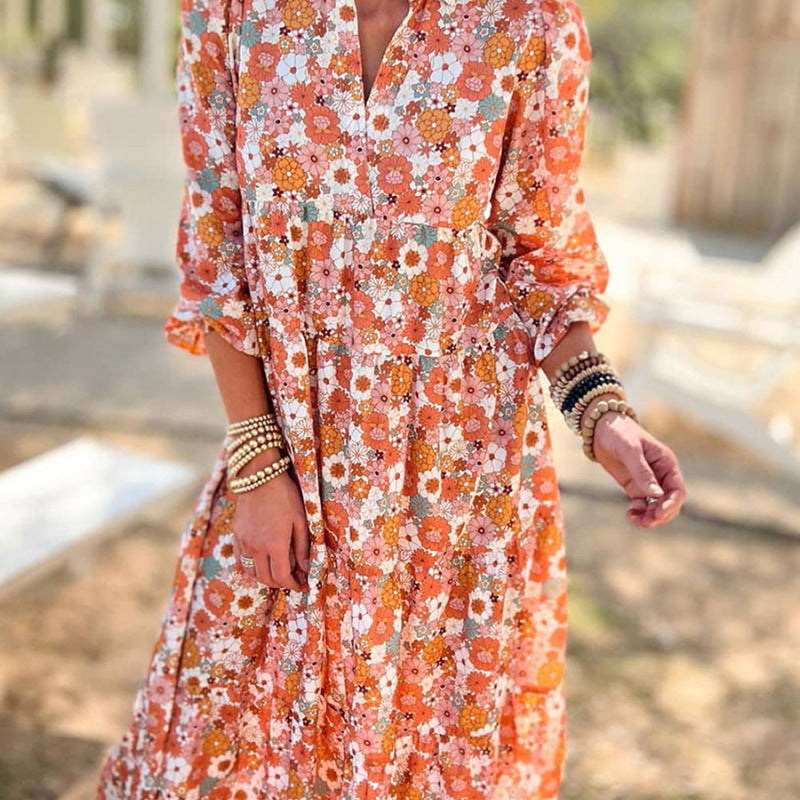 Robe mi-longue décontractée à manches longues et imprimé floral style bohème pour femme
