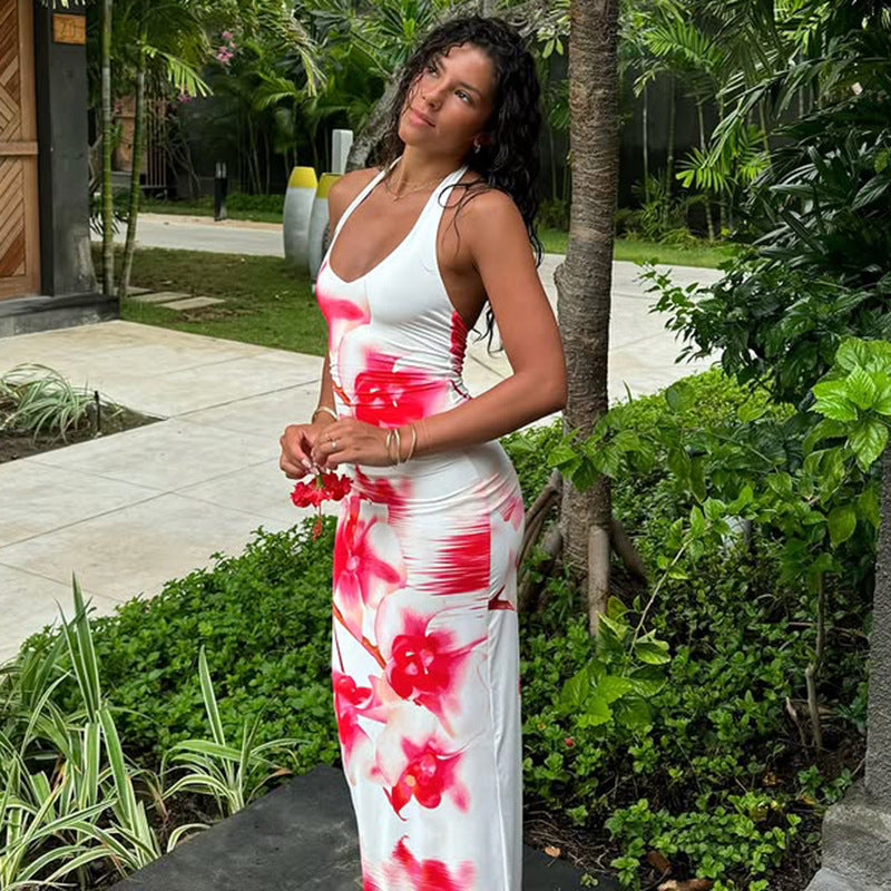 Conjunto de top con cuello halter y estampado floral sexy a la moda para mujer