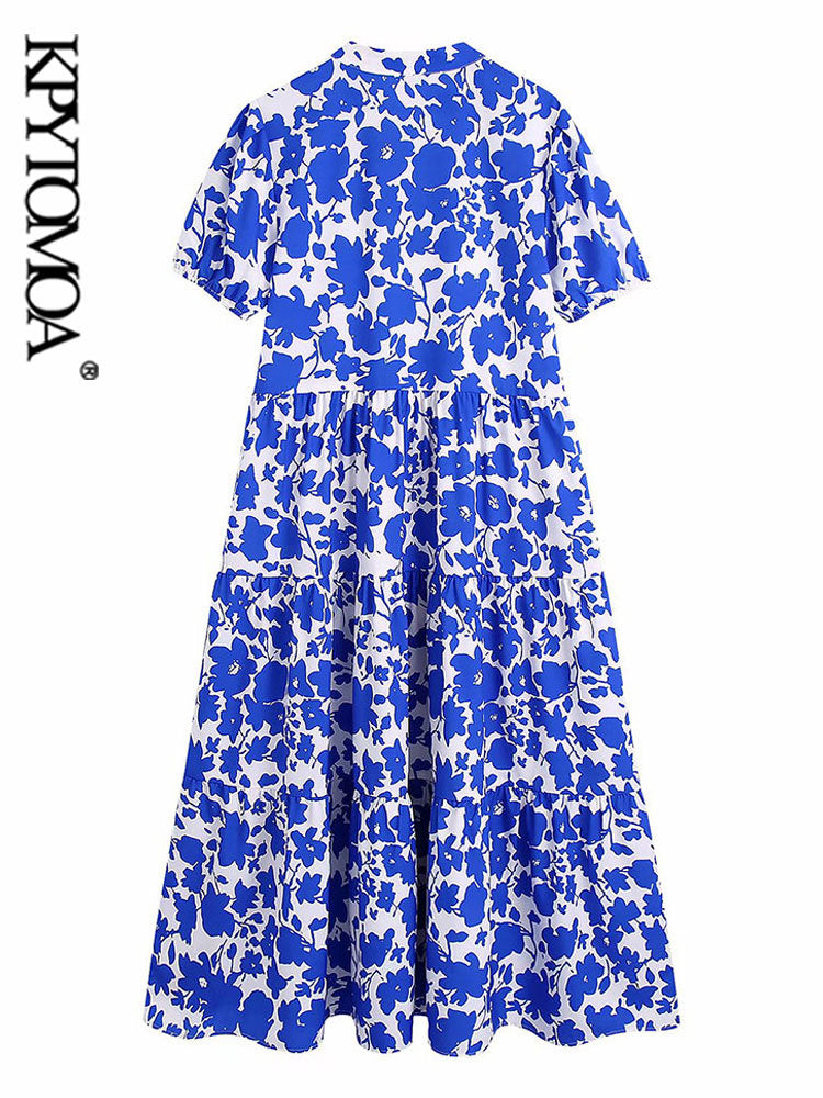 Women Fashion Bohemian Floral Print Vintage V Neck Short Sleeves Ruffled Midi Dress