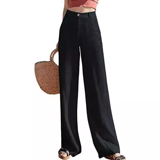 Pantalones casuales de algodón y lino de color liso para mujer, pierna ancha y cintura alta