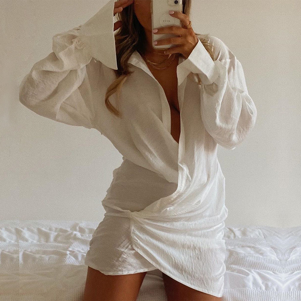 Robe chemise décontractée en lin à décolleté en V profond pour femme