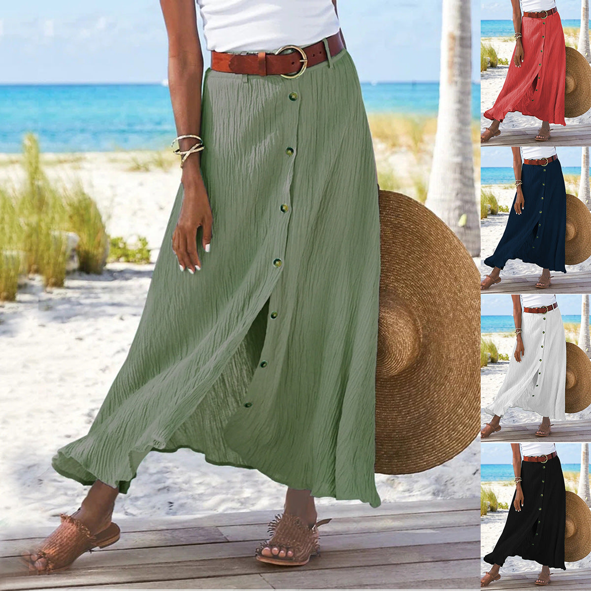 Summer Women Casual Button Decorative Cotton Skirt
