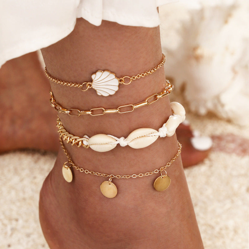 Conjunto de tobillera con borlas de concha natural estilo bohemio para mujer