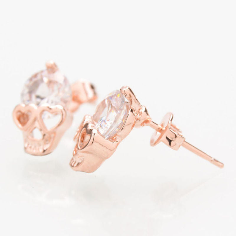 Women Rose Gold Tone Crystal Skull Stud Earrings