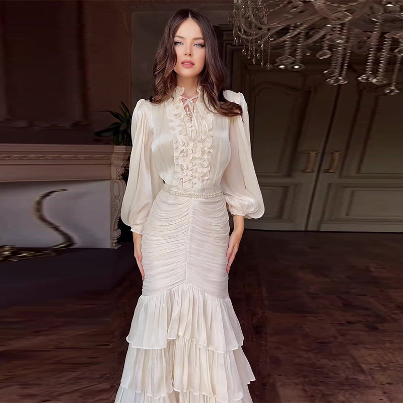Women Elegant Solid Color Long Sleeve Ruffled Maxi Dress
