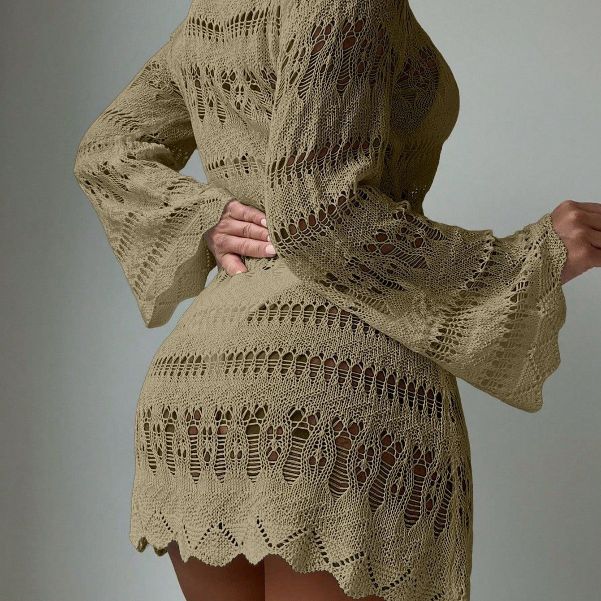 Vestido playero de punto calado de color liso a la moda para mujer